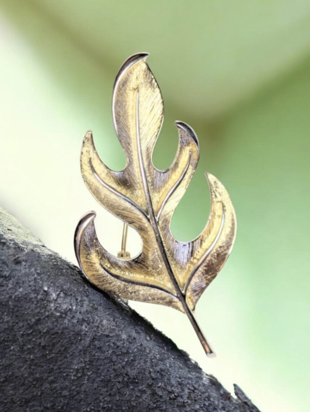 Leaf Brooch Pin Brushed Florentine Finish Gold Tone Textured Edge